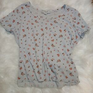 Floral Print Top in Blue and Pink Accents